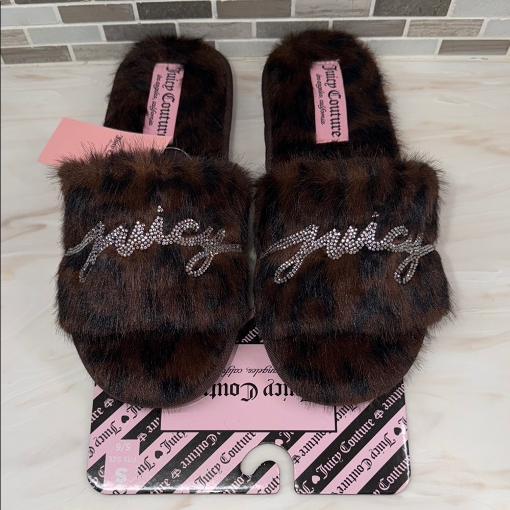 Juicy Couture Brown Faux Fur Slide Slippers with Rhinestone Script